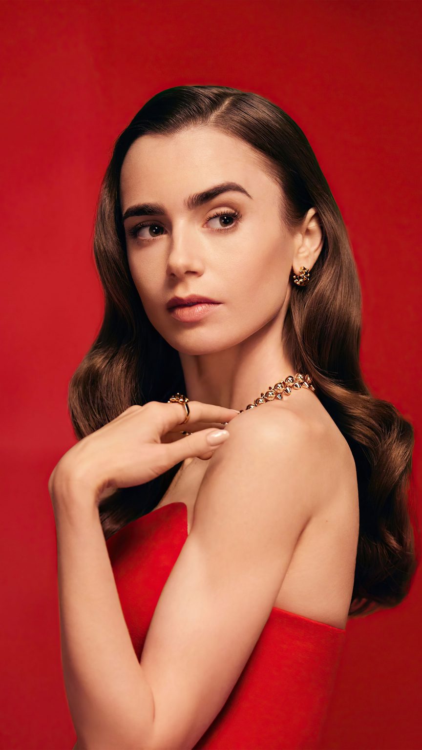 Lily Collins In Red Dress 2022 4K Ultra HD Mobile Phone Wallpaper