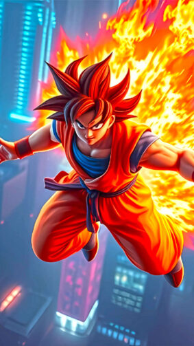 Son Goku In Flame Flying Through The Neon City 4K Ultra HD Mobile Phone Wallpaper